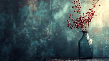 Vase of red berries against an abstract blue background. Decorative autumnal still life with a vintage feel. Moody and atmospheric. photo