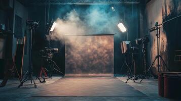 Studio setup with cameras, lights, and backdrop. A professional photography studio creating dramatic and artistic visuals. photo