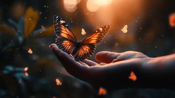 A monarch butterfly rests delicately on an open hand, surrounded by a soft, ethereal glow and smaller butterflies in a dreamy atmosphere. photo