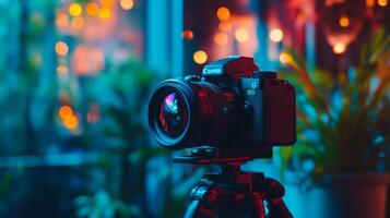 Illuminated camera on tripod, lens reflecting colorful bokeh lights. Capturing memories with advanced photo technology for stunning visuals.