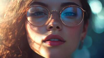 A close-up captures the delicate features of a person with round framed glasses, freckles, and soft lighting, emphasizing their gentle gaze. photo