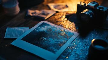 A vintage camera and photographs sit on a moody, low-lit table, illuminated with cool blue and warm orange hues, creating a nostalgic feel. photo