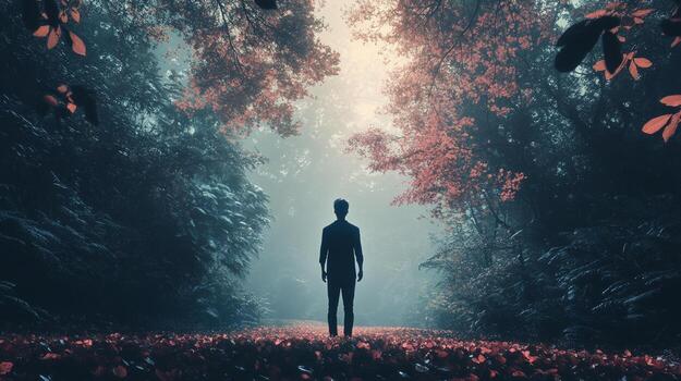 Silhouette stands at the edge of the forest, where the ground is covered with fallen leaves, fog lingers creating a moody atmosphere. photo