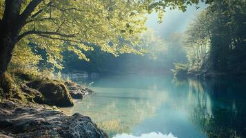 Tranquil lake surrounded by lush forest, its serene waters reflecting the vibrant greenery under the soft, filtered sunlight. photo