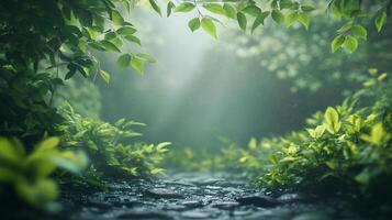 Serene pathway illuminated by soft, diffused light filtering through lush green foliage, creating a tranquil scene. photo