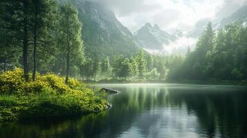 Tranquil mountain lake framed by lush greenery and mist-shrouded peaks, creating a serene and captivating natural landscape. photo