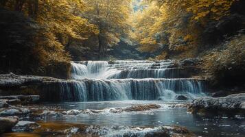 Cascading waterfall amidst autumnal trees, creating a serene and picturesque natural scene. Water flows smoothly over rocks. photo
