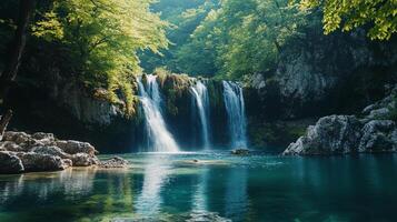Picturesque waterfall cascading into a clear turquoise pool, surrounded by lush greenery and rugged rocks. A serene nature scene. photo