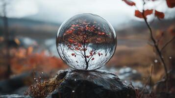 Autumn tree captured in a crystal ball atop a mossy rock, reflecting nature's beauty in a serene, blurred landscape setting. photo