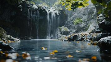 A tranquil waterfall cascading into a clear pond, surrounded by mossy rocks and lush greenery, creating a serene natural scene. photo