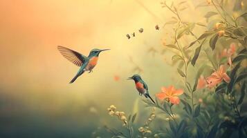 Hummingbirds in a serene garden setting, with butterflies adding to the whimsical atmosphere and vibrant colors. Nature's beauty unfolds. photo