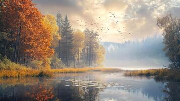 A serene autumn lake reflects colorful trees beneath a cloudy sky, with birds flying above a misty forest in the distance. photo