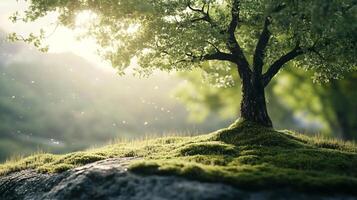 A single tree, set against a softly focused backdrop, basks in the warmth of sunlight breaking through the leaves. photo