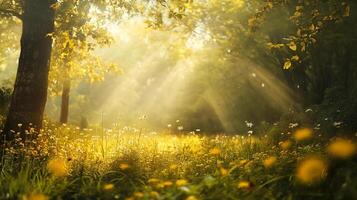 Sunlight streams through a lush forest meadow filled with wildflowers, creating a tranquil and inviting natural landscape. photo