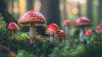 A vibrant cluster of fly agaric mushrooms, with their signature red caps and white spots, thrives in a lush, green mossy forest setting. photo