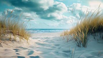 A sandy path leads to the ocean, framed by grassy dunes under a blue sky with soft clouds. Serene coastal scene. photo
