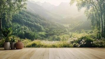 Lush mountain vista backdrop with verdant forests, flowers, and distant peaks brings the serenity of nature to interior spaces. photo