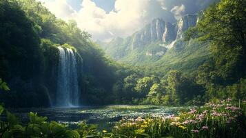 A serene waterfall cascades into a vibrant pond surrounded by lush greenery and towering mountains under a sunny sky, creating a natural paradise. photo