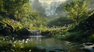 Idyllic mountain stream cascading into a tranquil pond, surrounded by wildflowers and lush greenery in a serene natural setting. photo