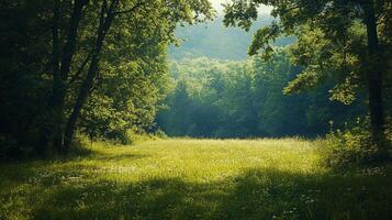Sunlit clearing in a forest of green trees and a large meadow. The light adds a sense of warmth and serenity to the scene. photo