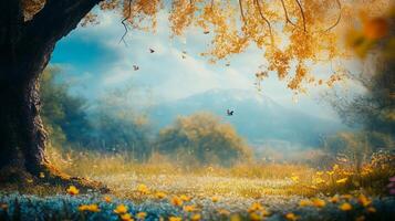 A serene landscape unfolds with a golden canopy, wildflowers dotting the meadow, and distant mountains under a soft sky. photo