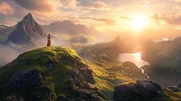 Stunning vista featuring a solitary figure gazing at a magnificent mountain range at sunrise, with soft sunlight illuminating the expansive landscape. photo