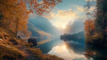 Autumn splendor at the lake, mirrored in serene waters. Mountains rise, sun breaks through clouds. Tranquil scene. photo