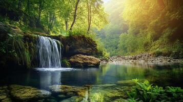 Sunlit waterfall cascades into clear pool, surrounded by lush greenery and trees, creating a serene natural landscape. photo