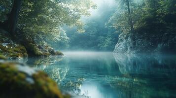 Tranquil lake scene with reflections of trees and cliffs, shrouded in early morning mist, creating a serene and peaceful atmosphere. photo