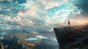 A solitary figure overlooks an expansive vista from atop a dramatic cliff, framed by a dynamic sky filled with clouds. photo