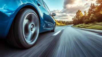 A blue car drives down a curved highway into the sunset, wheels spinning and motion blurred. The road is empty, the sky cloudy. photo