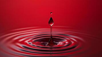 A high-speed photograph captures the precise moment of a liquid droplet impacting a smooth surface, creating elegant concentric ripples. photo
