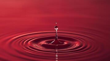 Captivating image of a falling drop creating perfect circular waves on a red surface. The drop is reflected with clarity and perfection. photo