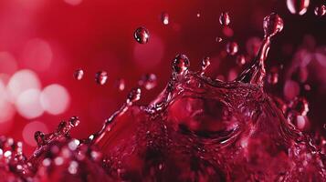 Dynamic red liquid splash, frozen in time. Bokeh lights add depth to the energetic movement. Close-up showcasing power of liquids. photo