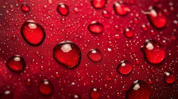 Macro shot of vibrant red surface adorned with glistening water droplets, showcasing texture and light reflection. Visually captivating. photo