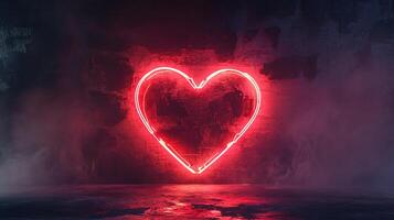A vibrant neon heart glows against a weathered concrete wall, casting a warm red light over the smoky, reflective surface below. photo