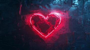 Heart-shaped neon sign glowing red on a dark, rough wall. A symbol of love and passion shines in the shadows. photo