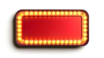 Bright red and yellow signboard illuminated with bulbs. The sign is empty and isolated on a white background. photo