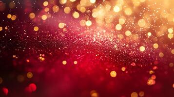 Abstract festive background with shimmering lights, bokeh effect, and a gradient of red and golden tones, creating a magical atmosphere. photo