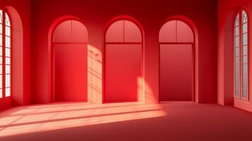 Monochromatic minimalist space bathed in a soft, vibrant light featuring geometric elements in various shades of red creating a surreal atmosphere. photo