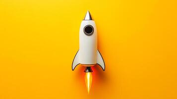 A retro-styled rocket ship soars upwards, spewing fire from its thrusters, set against a bright yellow background. Represents innovation. photo
