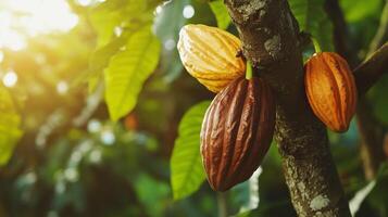 Clusters of ripe cacao pods in various colors attached to tree trunk, sunlight filtering through leaves. Pods ready for harvest. photo