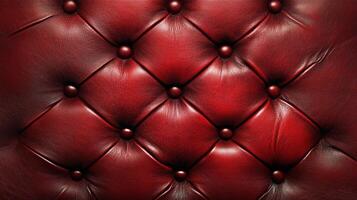 Detailed view of a plush red button-tufted surface. Classic design, showcasing the elegance and luxury of the material and pattern. photo