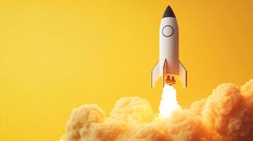 A rocket taking off on a yellow background surrounded by puffs of smoke. The rocket is white with a black tip and circle. photo