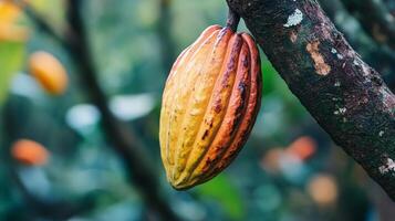 A ripe fruit hanging from a branch, with a background blur of green foliage. The fruit displays an appealing yellow and orange hue. photo