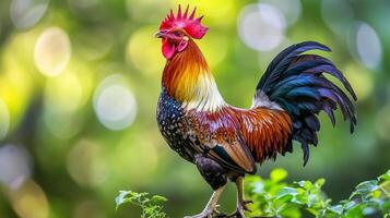 Rooster in garden setting. The plumage is an iridescent array of yellows, oranges, reds, blues and blacks. photo