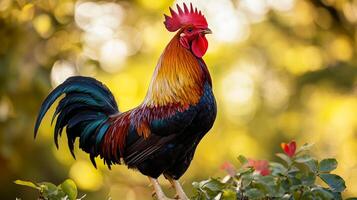 A vibrant rooster stands proudly, displaying its colorful plumage against a blurred background of golden light and foliage. photo