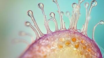 Close-up of a plant trichome featuring a bulbous head atop a slender stalk, under a microscope. The trichome appears to be translucent. photo