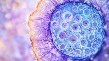 An abstract close-up of a cellular structure with a blue nucleus surrounded by a vibrant purple and lavender outer layer, science focus photo