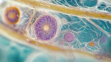 Microscopic view of cells showcasing their intricate structure and connection within biological tissues. photo